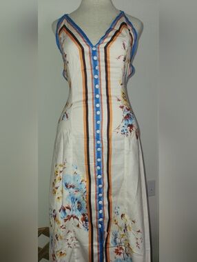 White Floral Stripe Button-Front Maxi Dress with Blue Accents